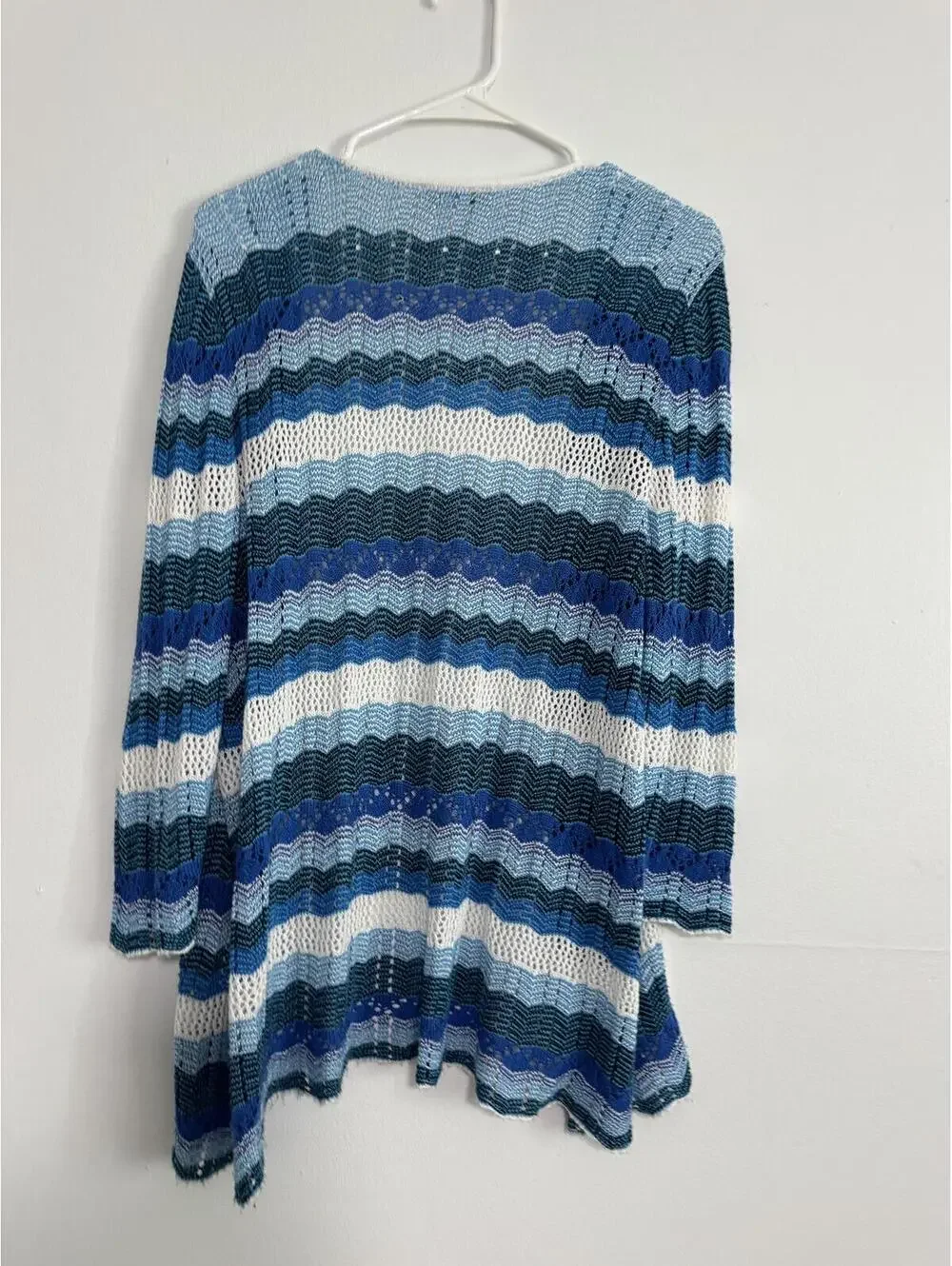 Blue Stripe Open Knit Cardigan Sweater Medium Coastal Boho USA - Picture 3 of 6